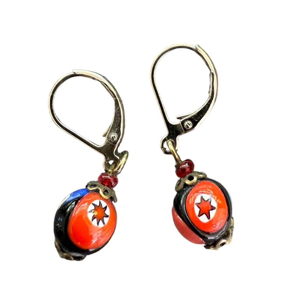 Murano Glass Millefiori Earrings Red Star, Floral Beads Gold Tone Handmade Italy